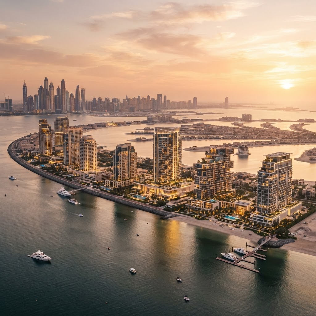 Luxury Dubai waterfront skyline at golden hour