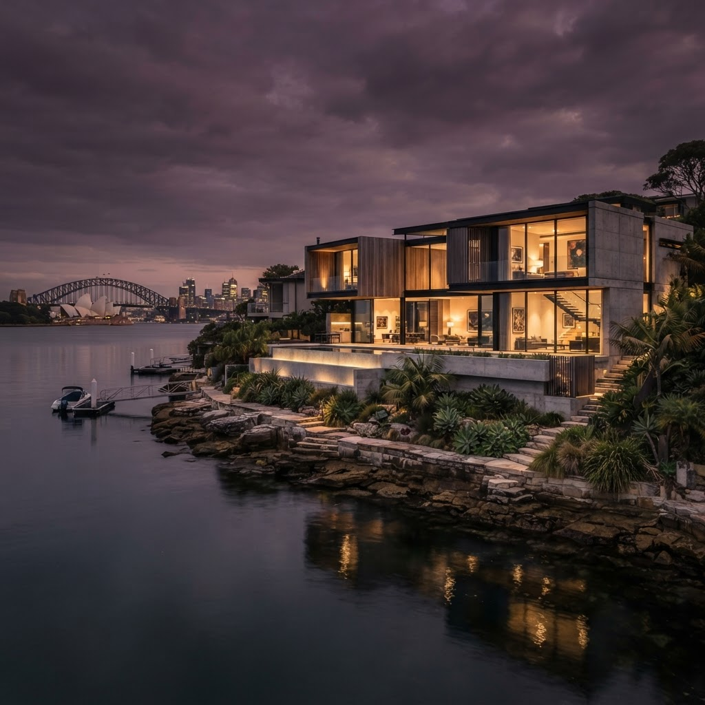 A luxury contemporary Sydney harbourside residence at dusk